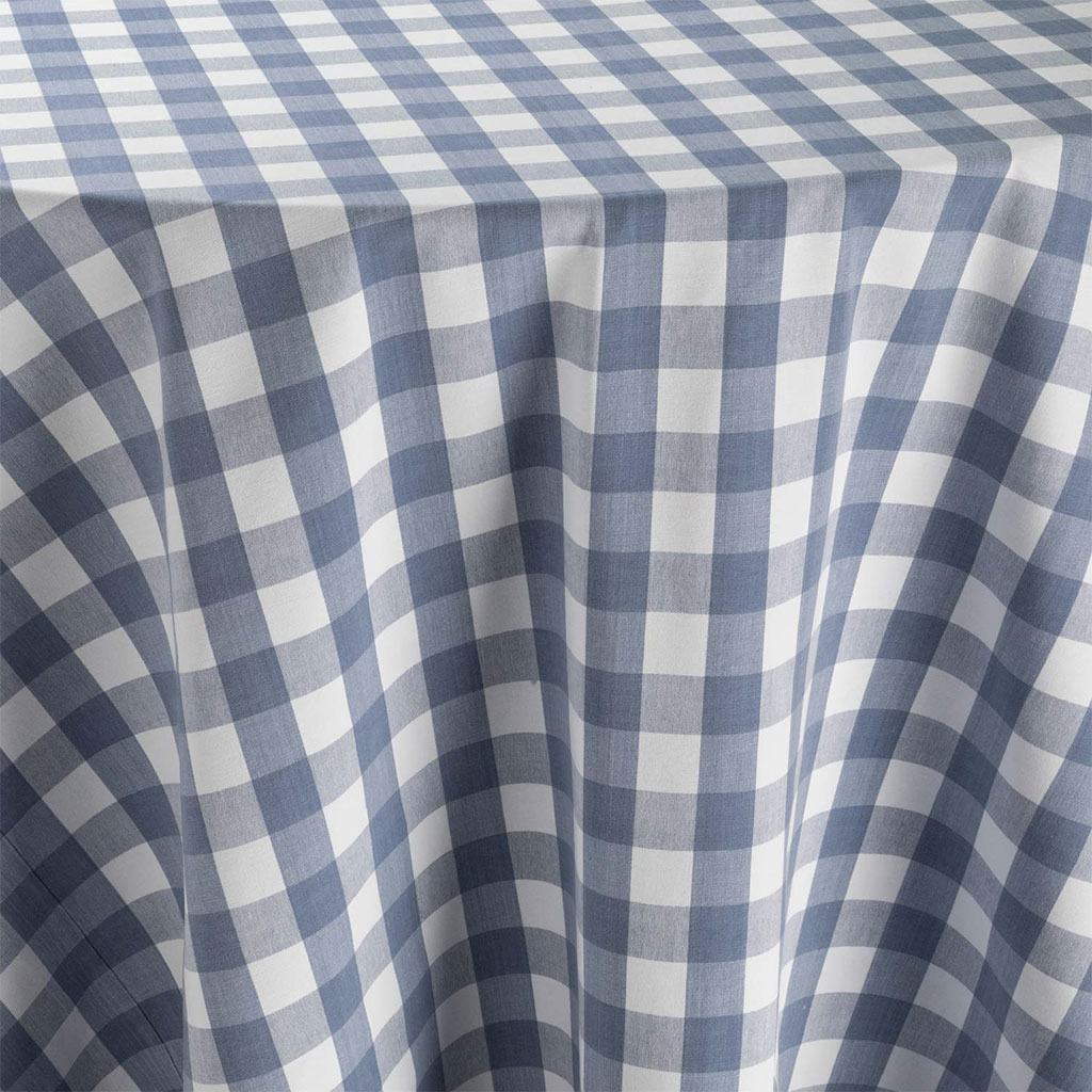 120” Lyme Check French Blue Table Linen - The Event Rental Co.